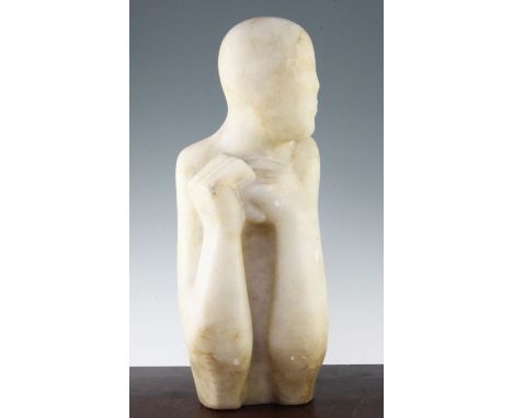 A carved alabaster model of a stylised figure, 20in. A carved alabaster model of a stylised figure, with hands clenched to th