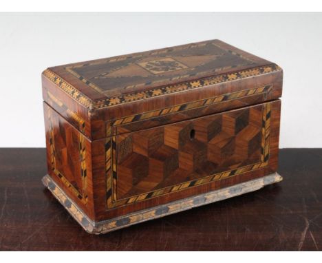 A 19th century German band work two division tea caddy, 10.25in. A 19th century German band work two division tea caddy, the 