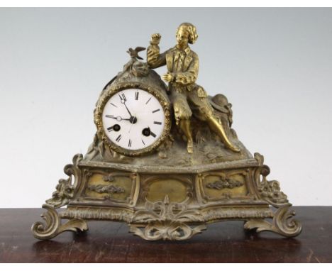 A 19th century French ormolu mantel clock, 10in. A 19th century French ormolu mantel clock, surmounted with a youth and birds