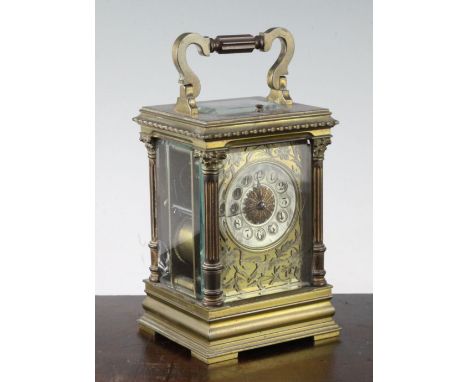 An early 20th century French brass hour repeating carriage clock, 6.5in. An early 20th century French brass hour repeating ca
