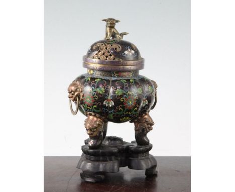 A Chinese cloisonne enamel tripod censer and cover, c.1910, A Chinese cloisonne enamel tripod censer and cover, c.1910, the l
