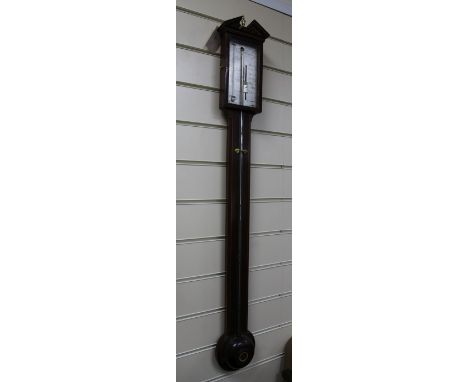 A George III strung mahogany stick barometer, 3ft 2in. A George III strung mahogany stick barometer, the silvered scale signe