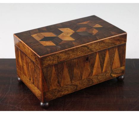 A Tunbridgeware rectangular two section tea caddy, 9in. A Tunbridgeware rectangular two section tea caddy, with perspective c