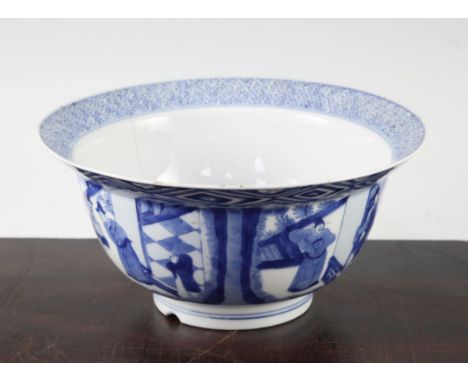 A Chinese blue and white flared bowl, Kangxi six character mark and of the period, 20cm diam., cracked A Chinese blue and whi