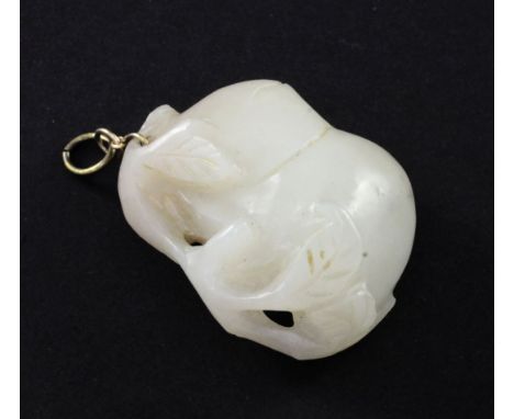 A Chinese whiteish grey jade carving of a peach branch sprig, 19th century, 4.2cm A Chinese whiteish grey jade carving of a p