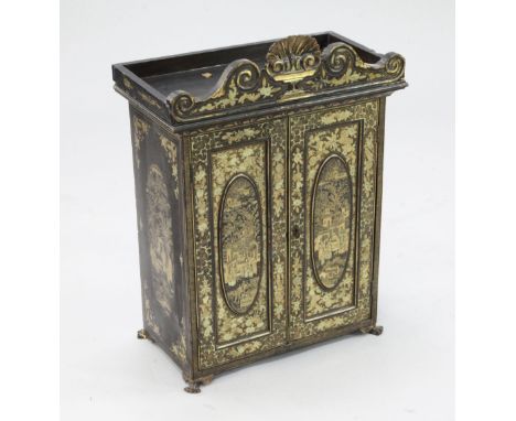 A Chinese Canton gilt decorated black lacquer table cabinet, mid 19th century, height 63.5cm A Chinese Canton gilt decorated 