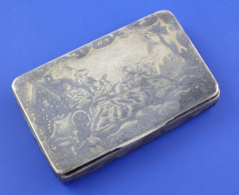 An early 19th century Russian 84 zolotnik silver and niello snuff box, 3.25in. An early 19th century Russian 84 zolotnik silv