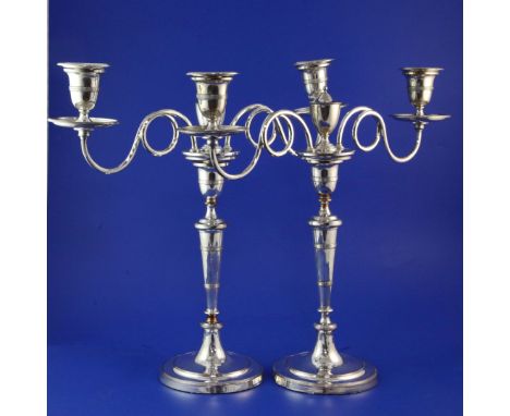 A pair of 19th century Sheffield plate two branch, two light candelabra, 15.5in. A pair of 19th century Sheffield plate two b