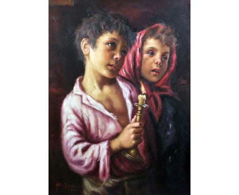 Nell Zovine Study of a girl and boy holding a candlestick, 32 x 24in. Nell Zovineoil on canvas,Study of a girl and boy holdin