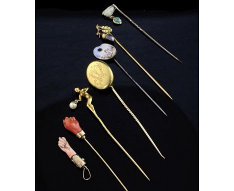 Six assorted 19th/early 20th century stick pins & a pendant. Six assorted 19th/early 20th century stick pins, including Frenc