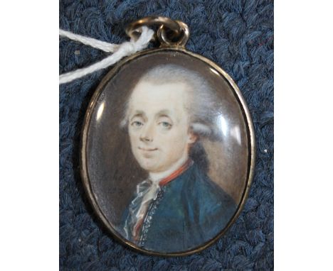 Fache (18th C.) Miniature of a gentleman wearing a blue coat, 3.1 x 2.6cm. Fache (18th C.)oil on ivory,Miniature of a gentlem