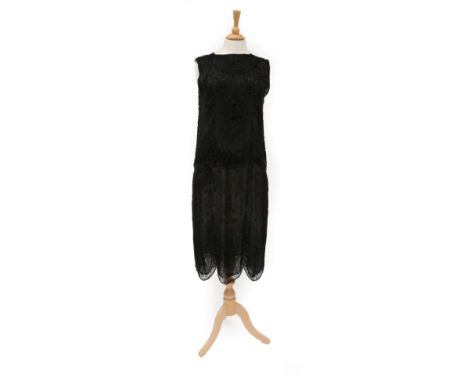 Circa 1920s Black Net Shift Dress, with black bugle bead decoration overall in scalloped design, with similar shaped hem