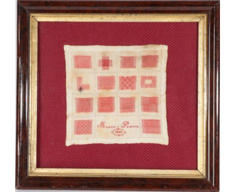 Late 19th Century European White Cotton Darning Sampler, split into 15 squares and a rectangle, worked in red thread depictin
