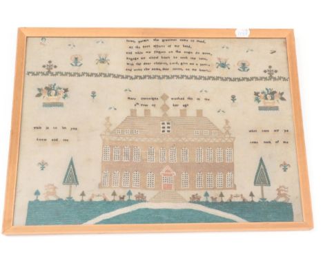 Early 19th Century Sampler Depicting Noseley Hall, the 'Seat of  Sir Arthor Heazelrigs, Leicestershire', with a large central