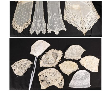 Assorted Circa 1900 and Later Lace Baby Bonnets and an Apron, Stoles, comprising a white cotton shaped apron front with tape 