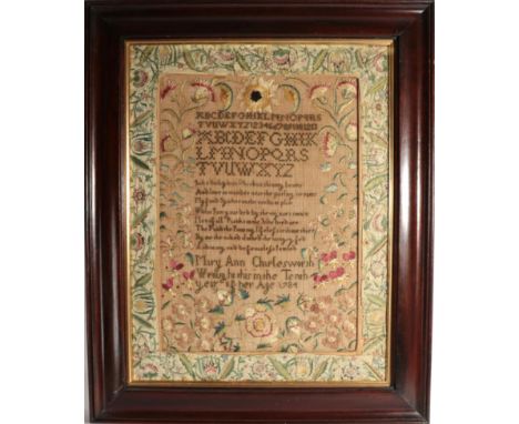 18th Century Needlework / Sampler, Worked by Mary Ann Charlesworth, Aged 10, Dated 1784, the central light brown linen ground