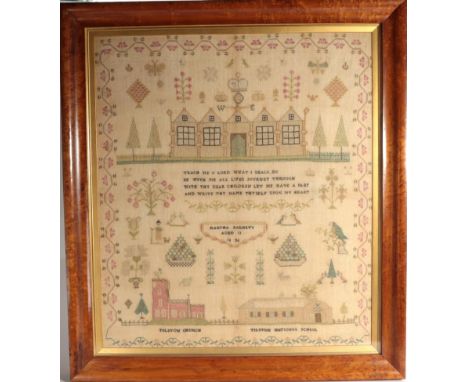 19th Century School Sampler, Worked by Martha Barbett, Aged 11, Dated 1836, depicting Tilston Church, Tilston National School