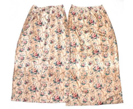 Pair of 19th Century Chintz Curtains,  printed with pink rose heads, only one pair lined in brown cotton, 145cm by 272cm