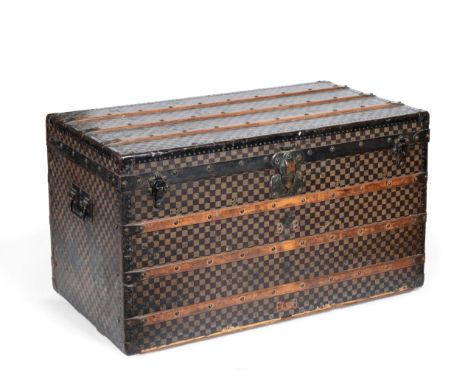 Late 19th Century Louis Vuitton Trunk, in the damier ebene two-tone check pattern, the squares periodically marked 'marque L.