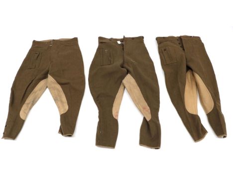 Three Pairs of Mens Army Motor Cyclist Pantaloons/Breeches, in khaki green wool, all with front pocket by L Silberston &amp; 
