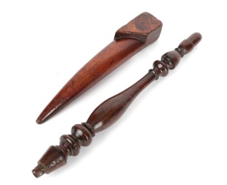 19th Century Fruitwood Knitting Stick, turned with baluster and ring decoration, carved with an acorn style knop, 20cm; and a