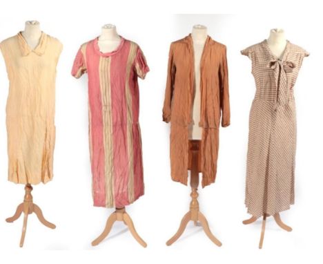 Four 1920s Day Dresses, comprising a buttermilk sleeveless dress with part-pleated skirt; a terracotta Summer jacket, with sp