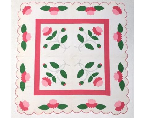 Circa 1930s American Appliqué Quilt, decorated with four pink flowers with stems to the centre, framed within a pink cotton f
