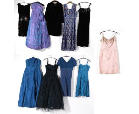 Circa 1950/60s Evening Wear, including a purple and pink brocade full length strapless dress with hooped petticoat, ruched bu