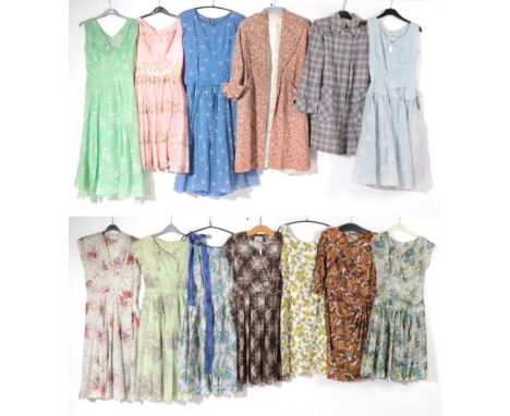 Circa 1950s Summer Dresses and Coats, including a Ronnay brown and cream textured swing coat with front pockets; grey check s