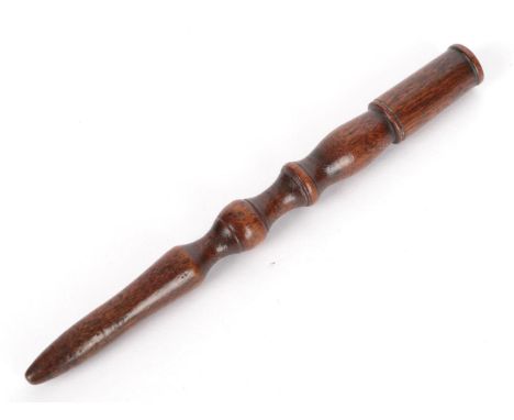 18th Century Walnut Knitting Stick, with ring and baluster turned decoration, 17cm .    tiny chips to the upper rim, scratche