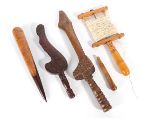 Group of Yorkshire Knitting Sticks and Sewing Accessories, comprising a 19th century goosewing stick with chip carved decorat