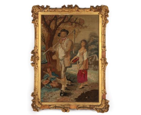 Early 19th Century Large Wool Embroidered Picture on Painted Silk, depicting a farmer wearing breeches, and a black hat, smok