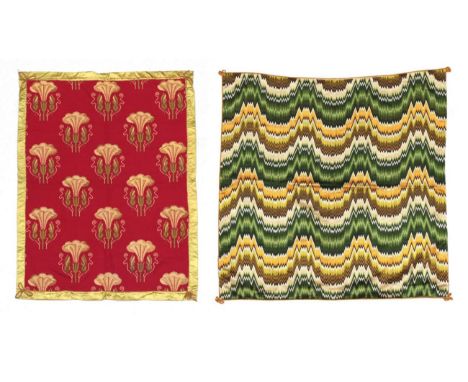 A 19th Century Red Ground Tapestry Panel, decorated with yellow/cream trumpet shaped flower heads and leaves in cross stitch,
