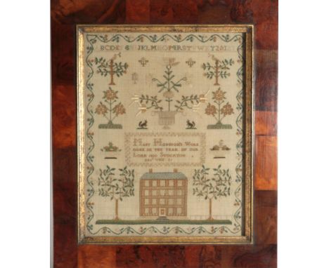 19th Century Sampler, Worked by Mary Hodgson, Dated Dec 21 1820, Stockton, the lower worked with a large house flanked by two