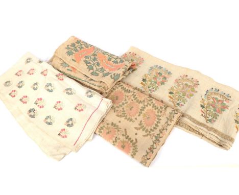 19th Century Ottoman Linen Embroidered Panel, made up of smaller panels stitched together, decorated with Isnik style floral 