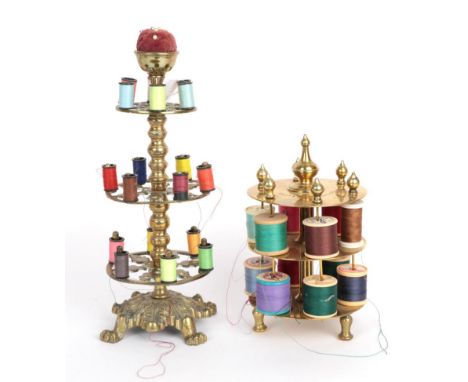 Brass Two Tier Circular Bobbin Stand, on three shaped feet and inscribed to the top 'Eliza Mitchinson 1881', 12cm diameter by