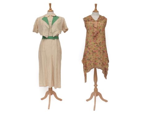 Circa 1920s Sleeveless Day Dress, on a peach cotton woven ground printed with pink and green flower heads, shawl neck collar 