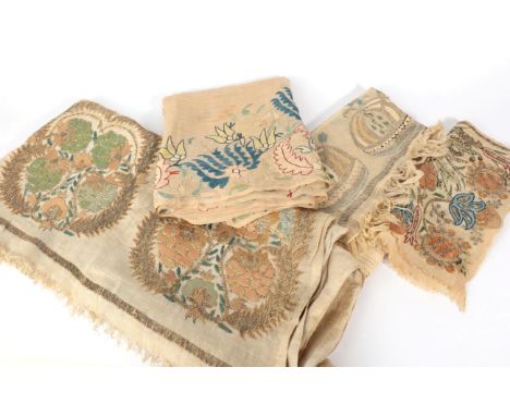 19th Century Ottoman Linen Towel, embroidered to each end with blue and cream silk flower heads, with blue zigzag border to e