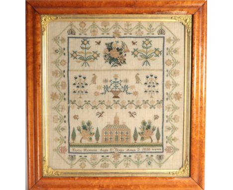 19th Century Sampler, Worked by Eliza Hawkins, Aged 11 Years, worked to the lower centre with a school, flanked by fir trees 