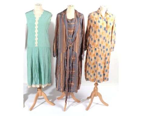 Three 1920s Day Dresses, comprising a turquoise silk sleeveless dress with scalloped edge to the cream neckline and hem on th