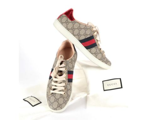 Pair of Gucci 'Ace GG Supreme' Trainers/Sneakers, the grey canvas printed with GG monogram, with blue and red signature side 