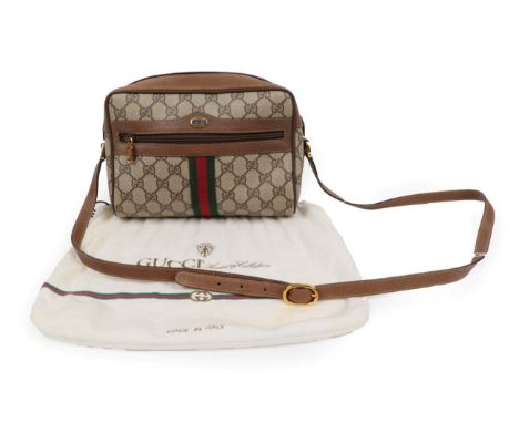 Gucci Canvas Shoulder Bag, patterned in the GG diamond design, with green and red signature canvas stripe to centre, with lon