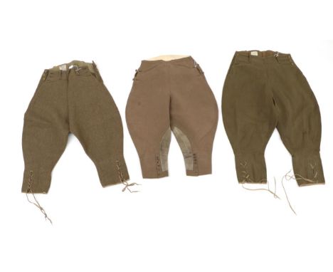 Pair of Women's Land Army Breeches, in khaki green wool by Redman Bros, size 3, October 1947; another pair in lighter wool by