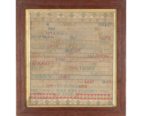 18th Century Sampler by Mary Jones Born February 15 1729, worked in a band format in coloured silk threads with a religious v