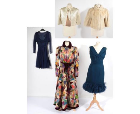 Assorted 1920s-1950s Ladies Costume, comprising deep blue sleeveless evening dress, with pleated detail to bust and ostrich f