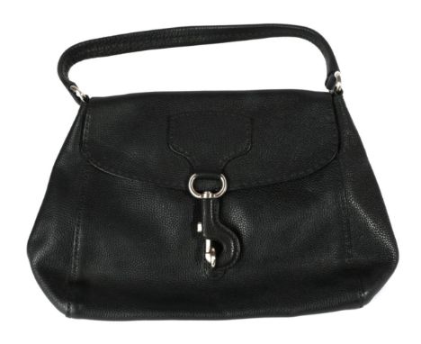 Prada Black Leather Handbag, with large leather covered bolt snap clasp securing flap closure, triangular Prada Milano enamel