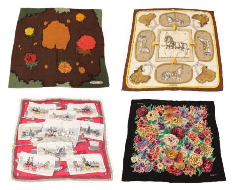 Silk Scarves, including a Hermès example printed with postcards of coaching scenes on a red ground and cream silk border, ano