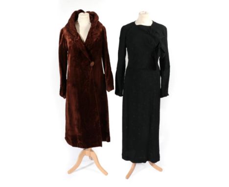 1920s Chocolate Brown Velvet Opera Coat, with the deep collar and cuffs with gathered detail, single large button fastening; 