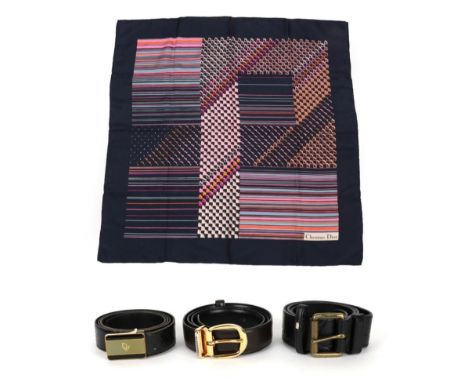 Christian Dior Black Leather Belt, with green and black enamelled rectangular buckle, (marked size '95', total length 97cm); 
