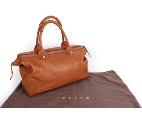Celine Tan Leather Handbag, the two carry handles with laced covers, with large zipped pocket to front, 28cm by 40cm by 14cm,